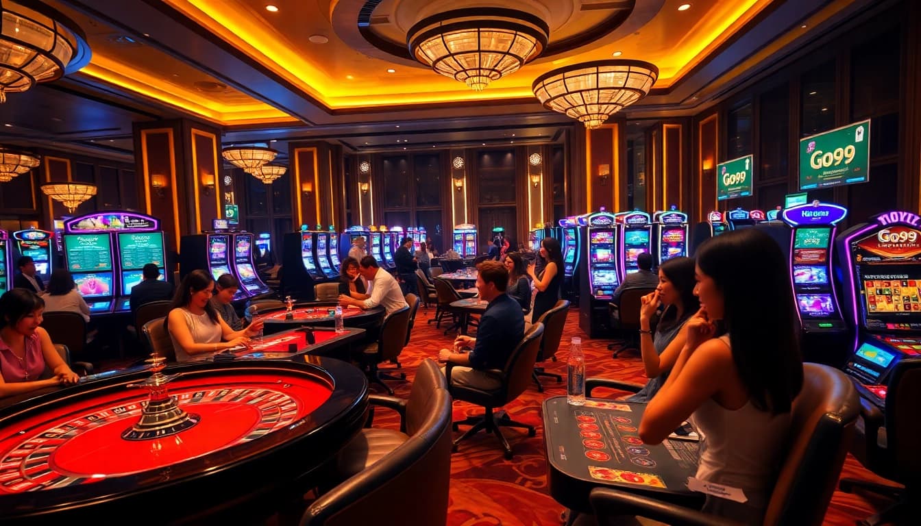 An engaging scene at Go99 casino featuring players enjoying roulette, card games, and slot machines.