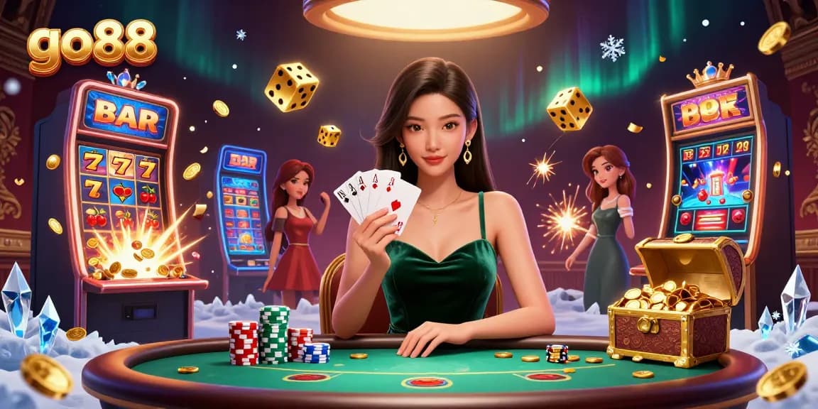 Experience go88's vibrant gaming world as you strategize at a luxury poker table amidst stunning casino elements.
