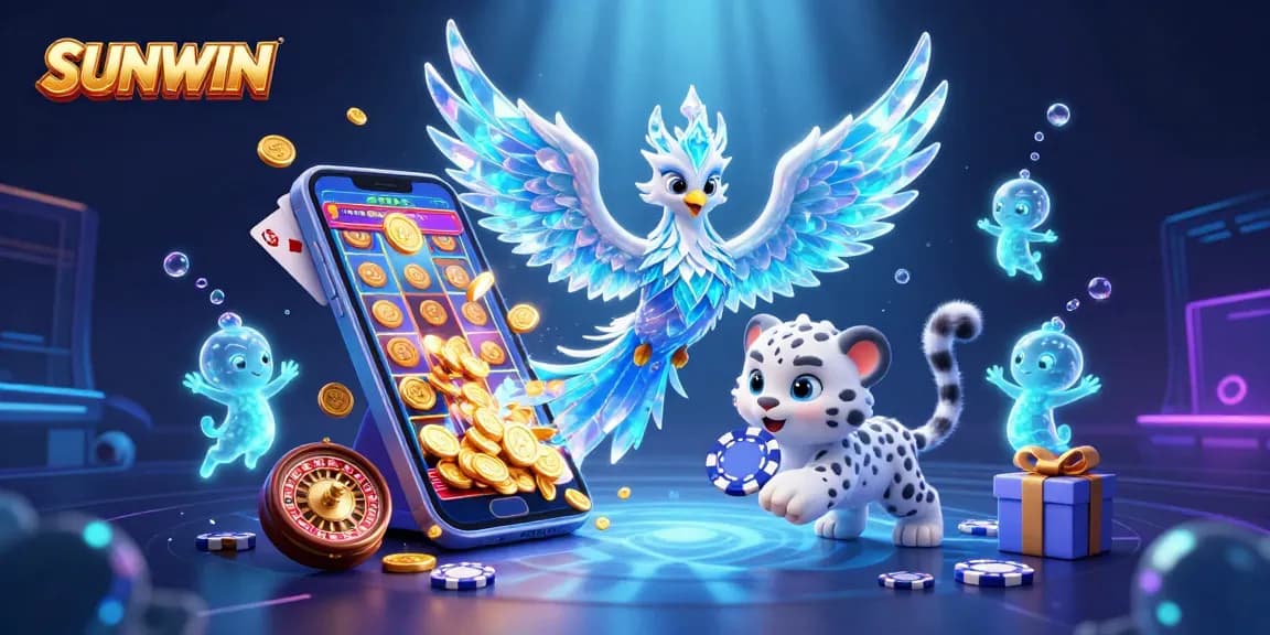 SUNWIN players engage with vibrant 3D casino scene, exploring excited slot games and golden opportunities.