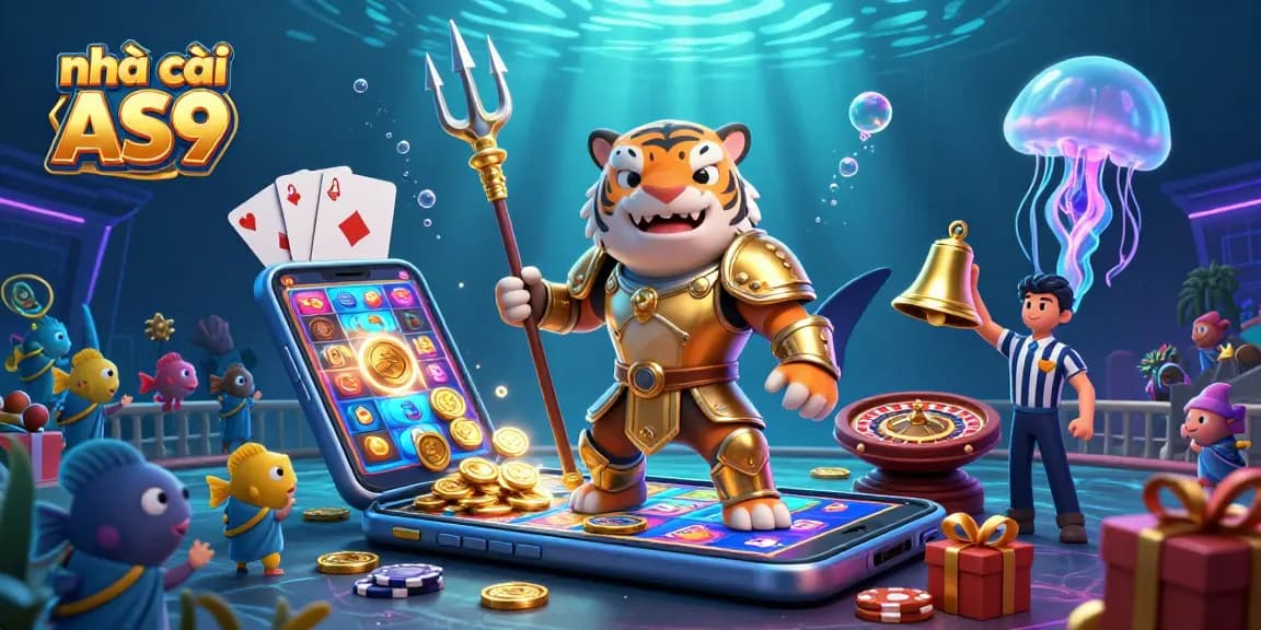 Engage with nhà cái AS9's thrilling underwater casino experience featuring a shark gladiator.