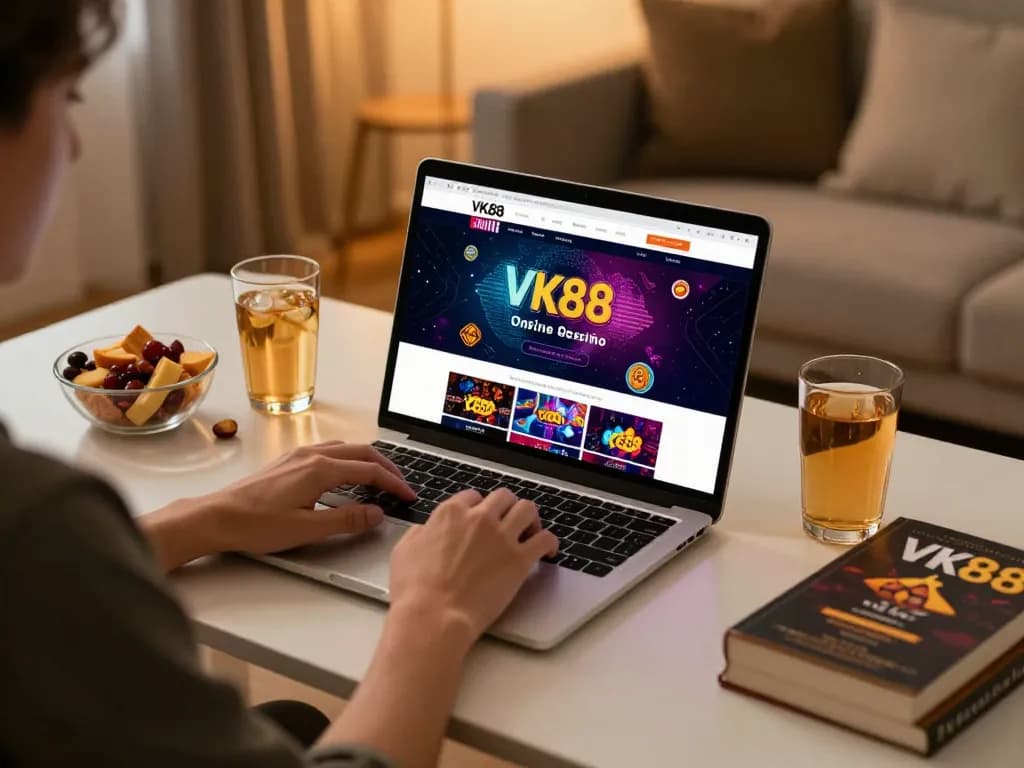 Player enjoying VK88 online casino gaming on a laptop in a cozy home setting with snacks and strategy notes