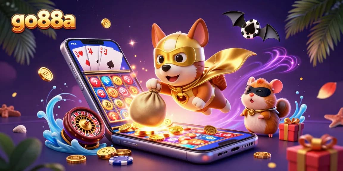 Join the adventure with go88a featuring a heroic dog soaring with coins in a vibrant casino-themed illustration.