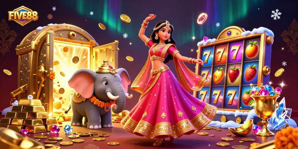 Win big at FIVE88 with vibrant online slots and dynamic gaming elements in an exciting scene.
