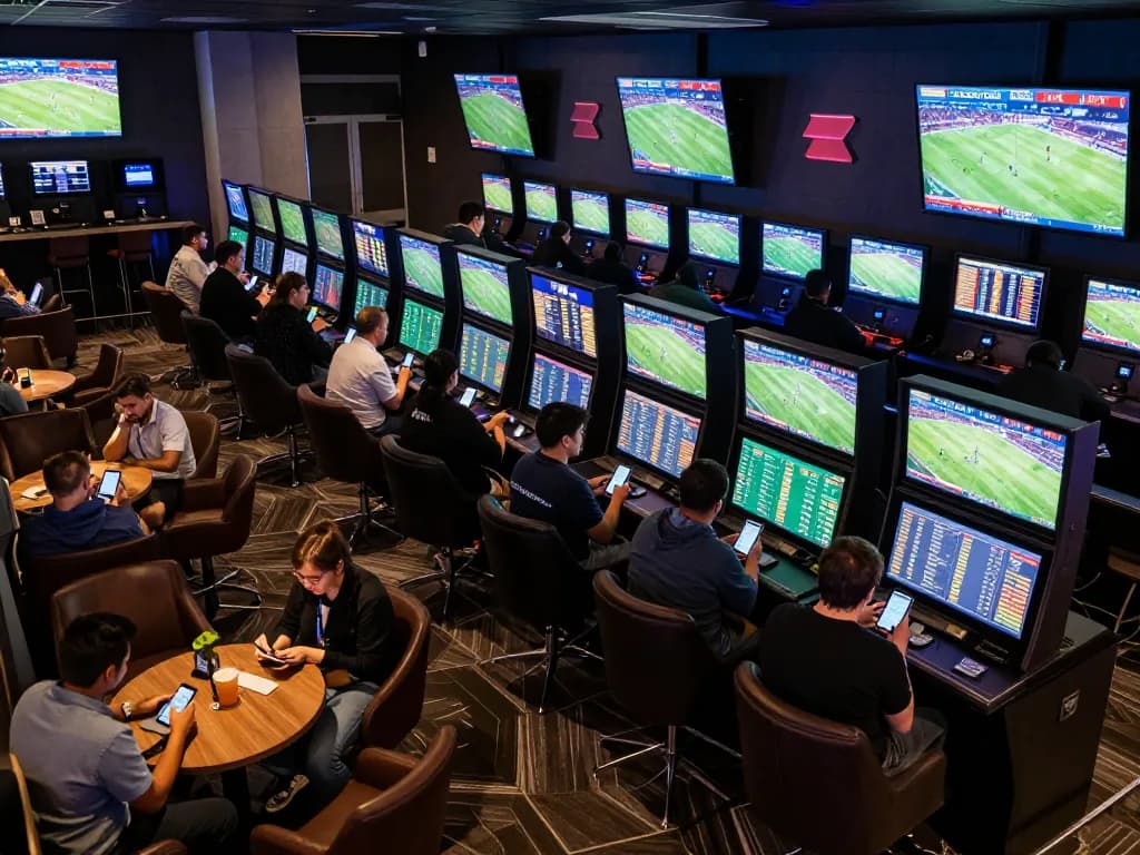 Engaging scene of bettors analyzing odds at dh 88 sportsbook with vibrant screens.