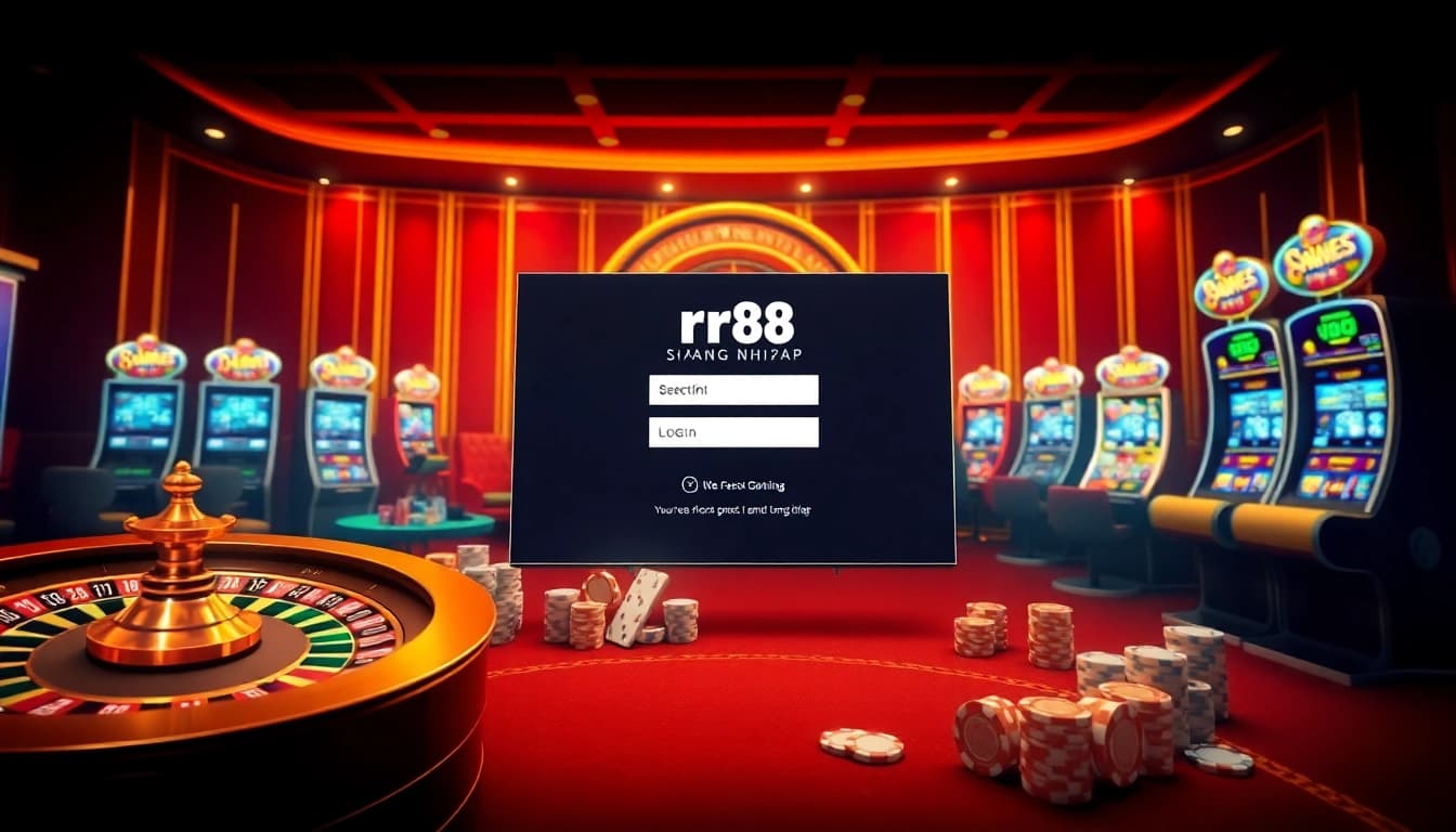 Login screen featuring rr88 đăng nhập with vibrant casino elements, highlighting online gambling excitement.