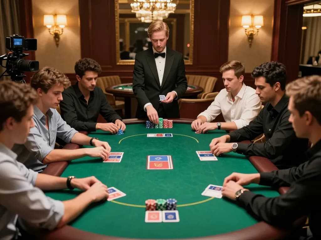 Players engaging in strategic poker game at LU88 VIP room, showcasing intense focus and luxury decor