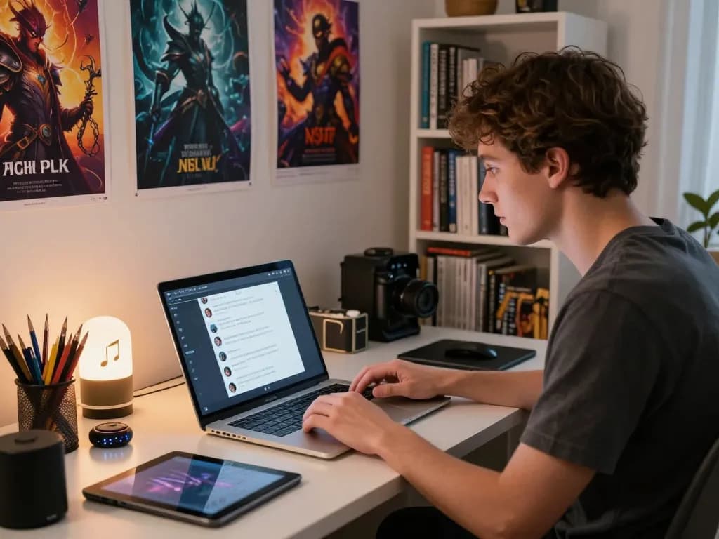 Engaged user exploring nsfw chat ai in a cozy digital art studio.