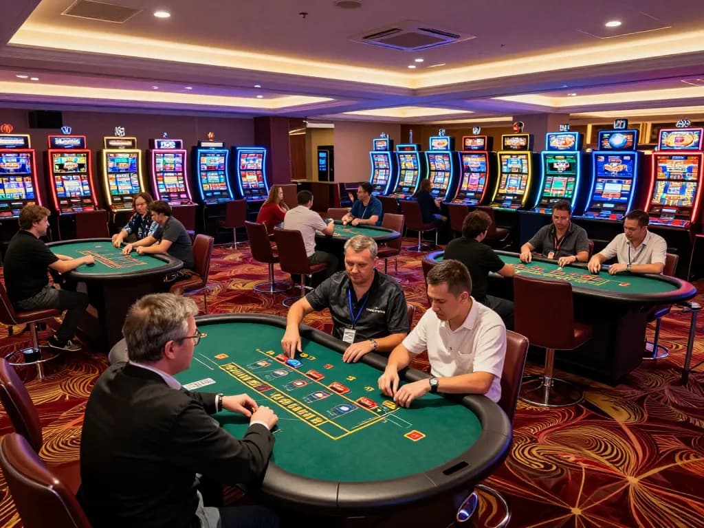 Players enjoying a thrilling game of blackjack in a luxurious casino setting at max88 online.