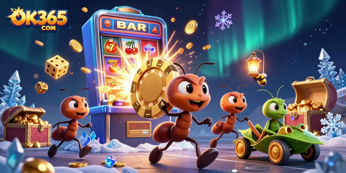 Engage in thrilling games at OK365 COM with ants heisting a giant poker chip amidst vibrant casino elements.