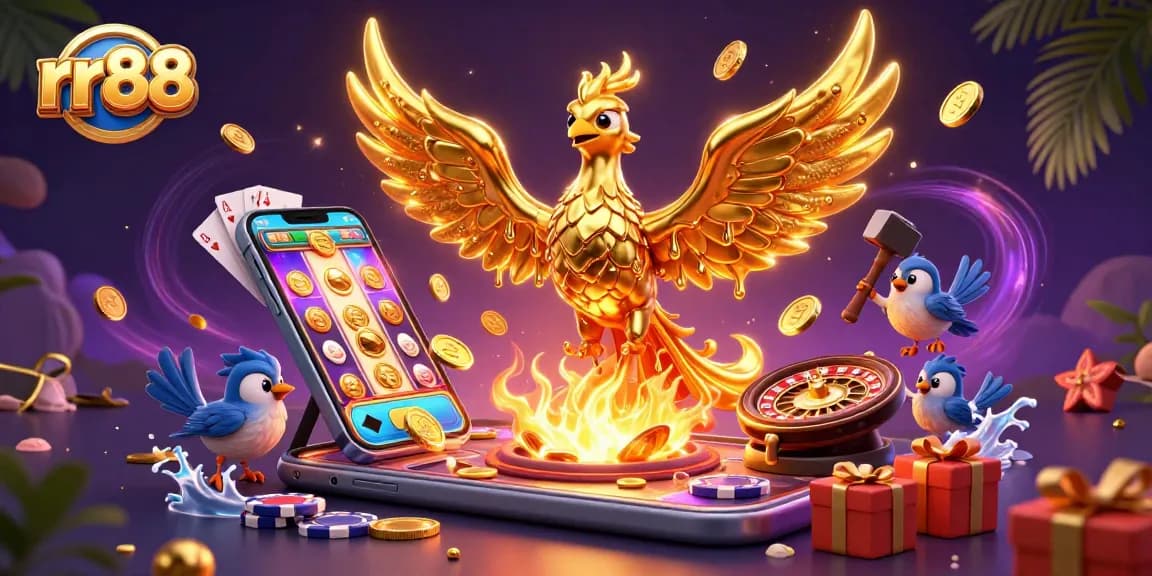 Experience big wins at rr88 with a vibrant 3D golden phoenix and thrilling gaming elements.