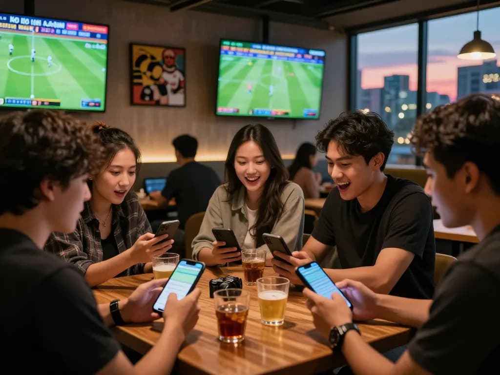 Group analyzing kèo nhà cái hôm nay in a lively sports lounge with drinks and screens.