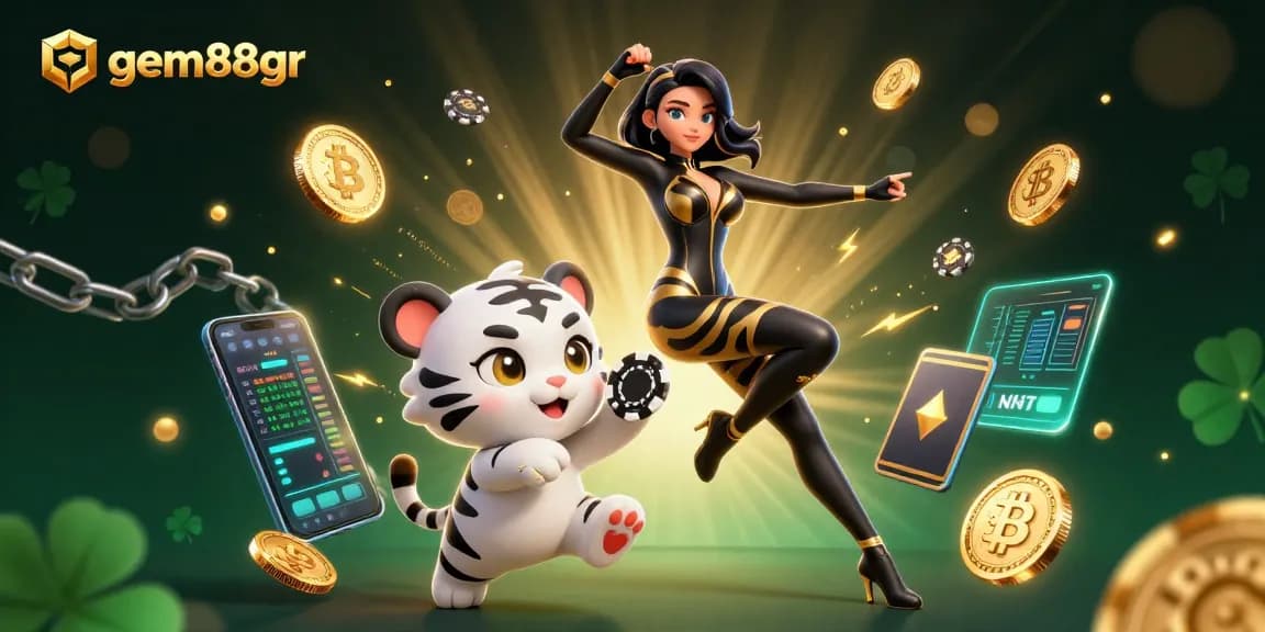 Play poker with gem88gr in a dazzling 3D scene featuring crypto coins and dynamic gaming elements.