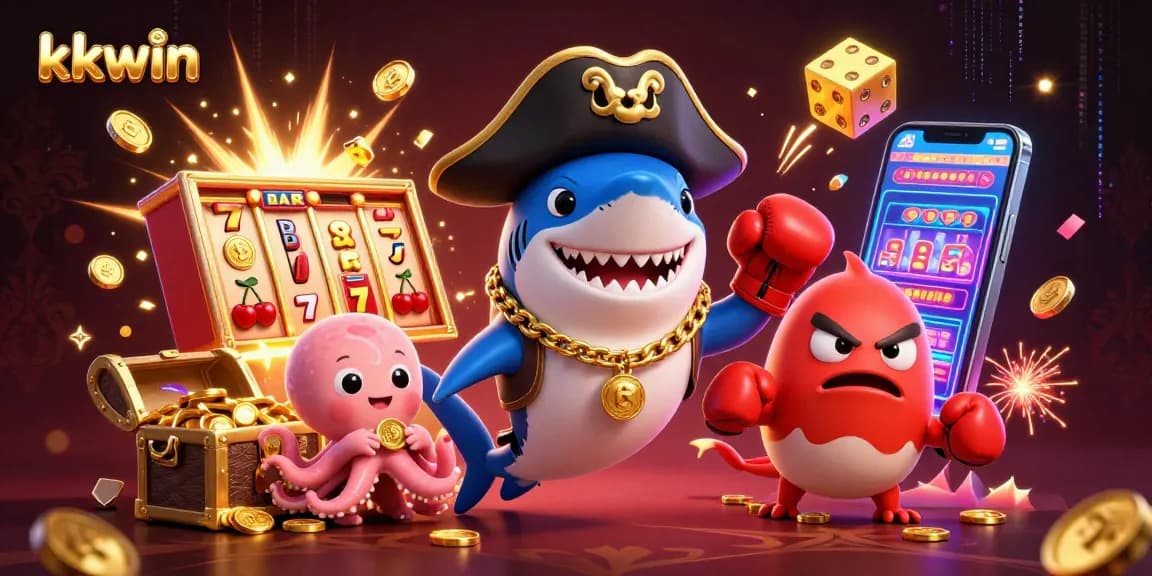 Experience exciting gameplay with kkwin's dynamic cartoon scene featuring playful casino characters and elements.