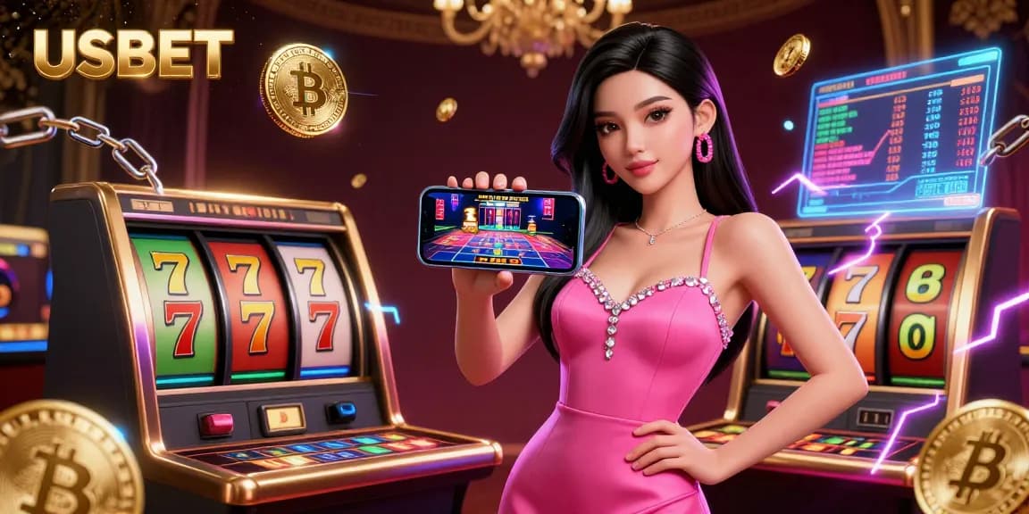 Engage with USBET at a vibrant live dealer casino game illustration, featuring dynamic slot elements.