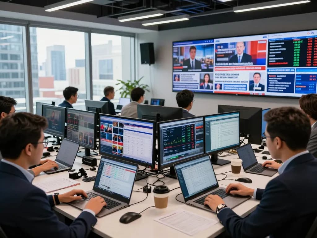 Journalists collaborating in a modern newsroom showcasing the latest updates on a news platform.