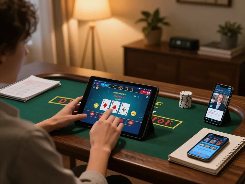 Engaged player exploring 789bet live blackjack game on tablet in cozy home atmosphere