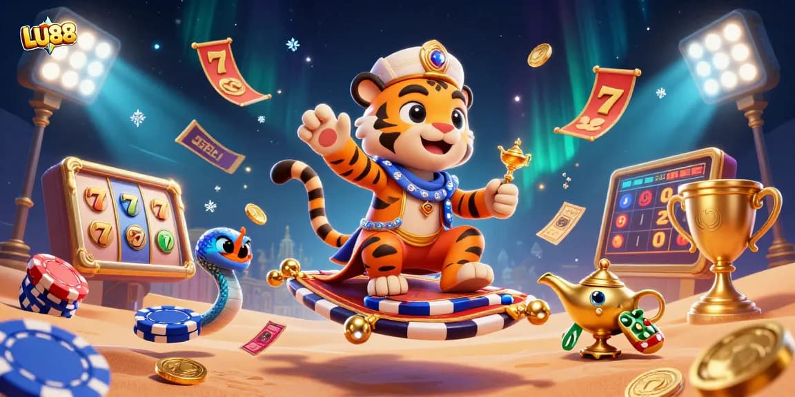 Play thrilling slots at LU88 with a captivating scene of a tiger sultan on a magical carpet.