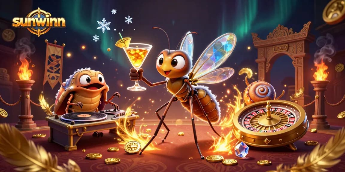 Experience sunwinn magic with a lively casino scene showcasing animated characters and vibrant gaming elements.