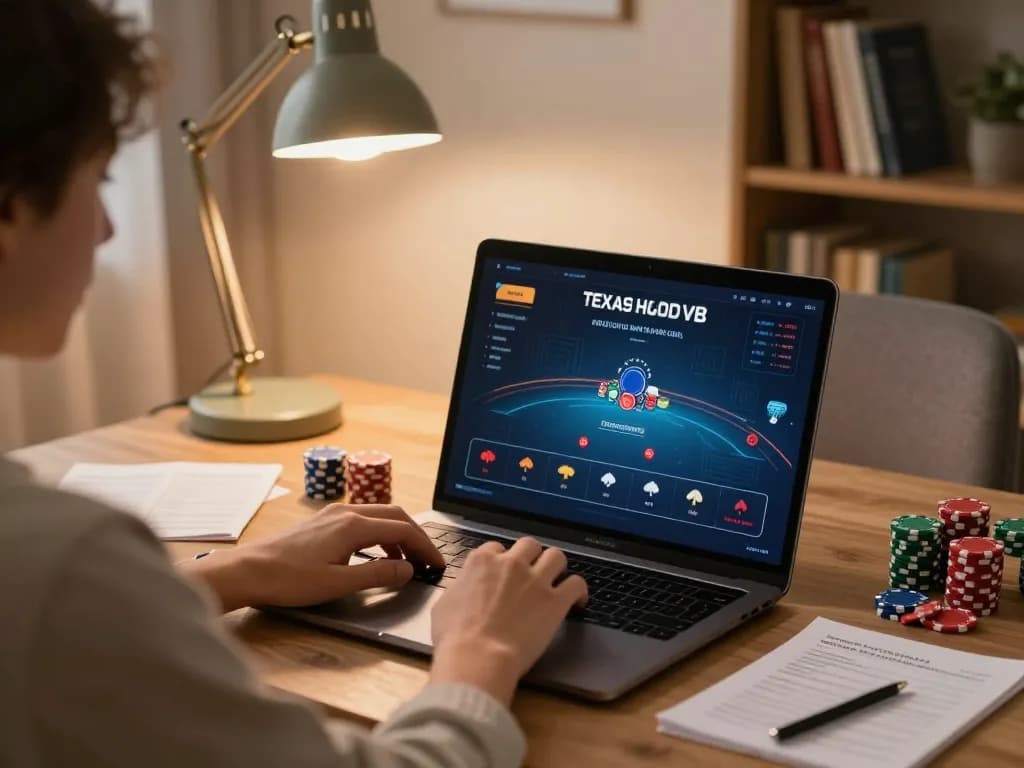 CO88 player analyzing poker strategy at home while enjoying a game, creating a comfortable gaming environment.
