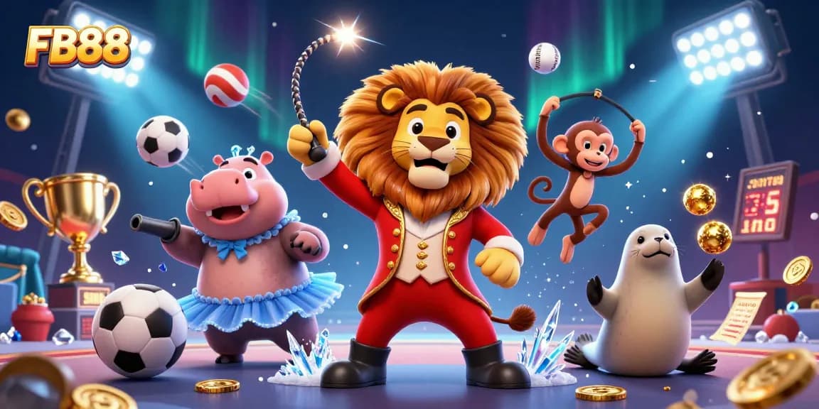 Experience the excitement at FB88 with an illustration of vibrant circus characters amidst dynamic sports elements.