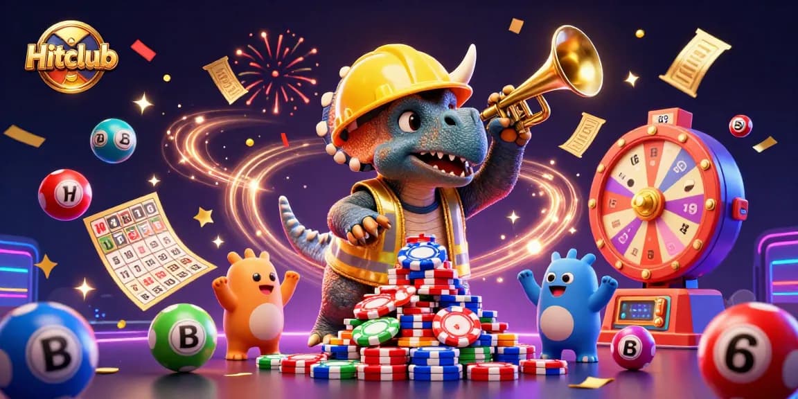 Hitclub showcases a vibrant scene of a triceratops creating a poker chip pyramid amidst casino elements.