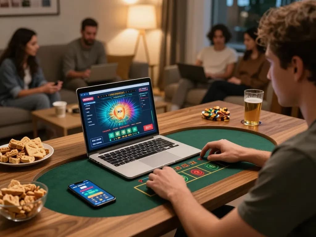 86bet player enjoying live dealer game on laptop in cozy home setup with betting app.