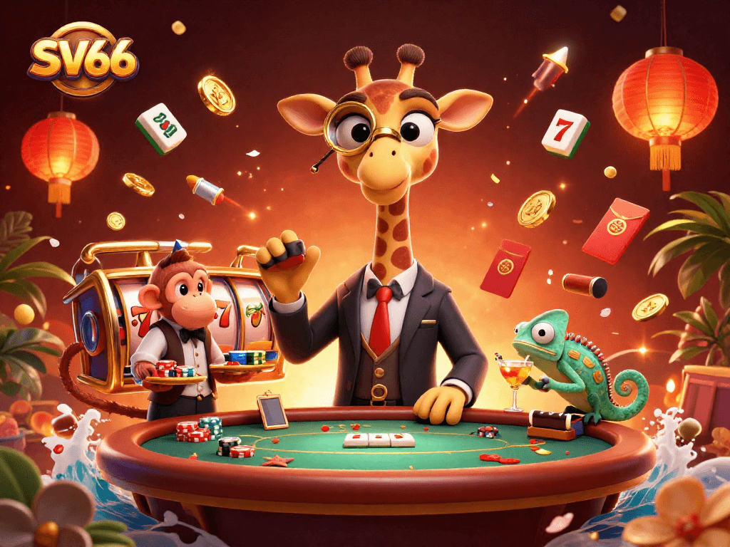 SV66 brings excitement with a high-roller giraffe at a poker table, symbolizing thrilling gambling moments.