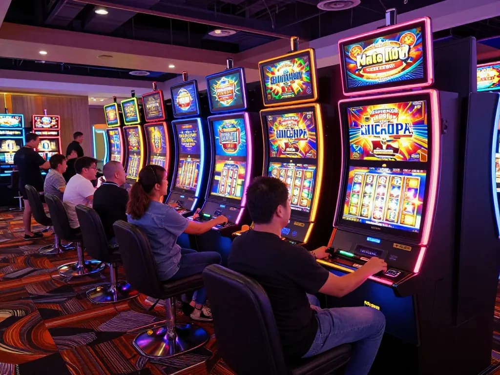 Experience max88 excitement at colorful slot machines with players enjoying their spins