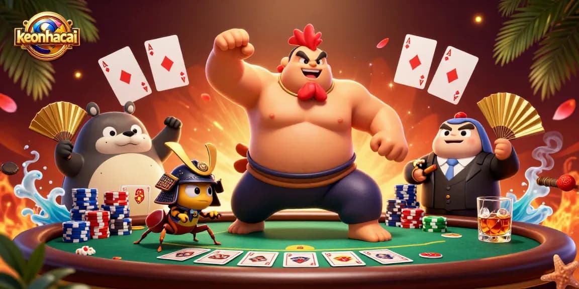 Experience keonhacai action with a powerful sumo rooster and fierce cricket at a vibrant poker table.