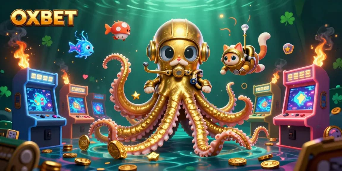 Play thrilling games at OXBET with the colossal kraken and diving cat in a colorful casino scene.