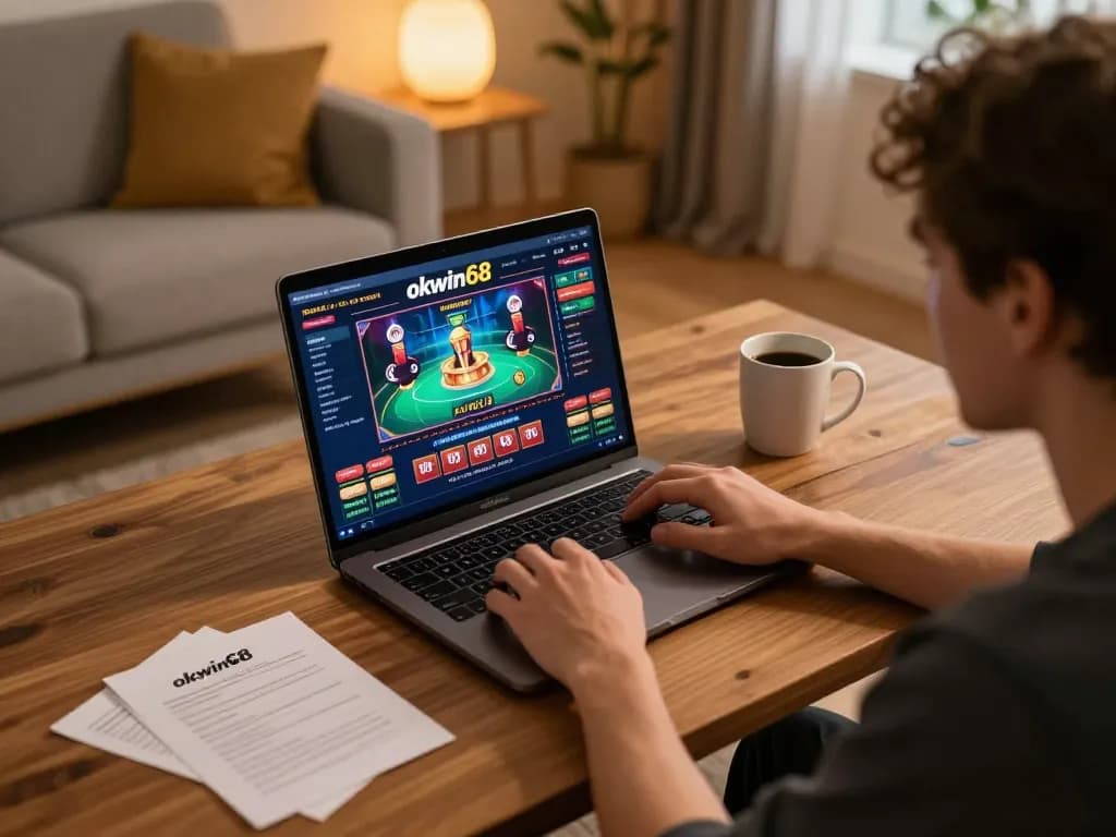 Player immersed in okwin68 online casino gaming at a cozy home setup, highlighting engagement and strategy