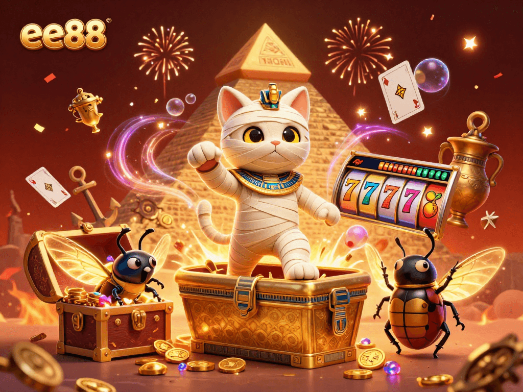 Spin the reels of ee88 while the Egyptian mummy cat bursts from a golden sarcophagus in this colorful casino scene.