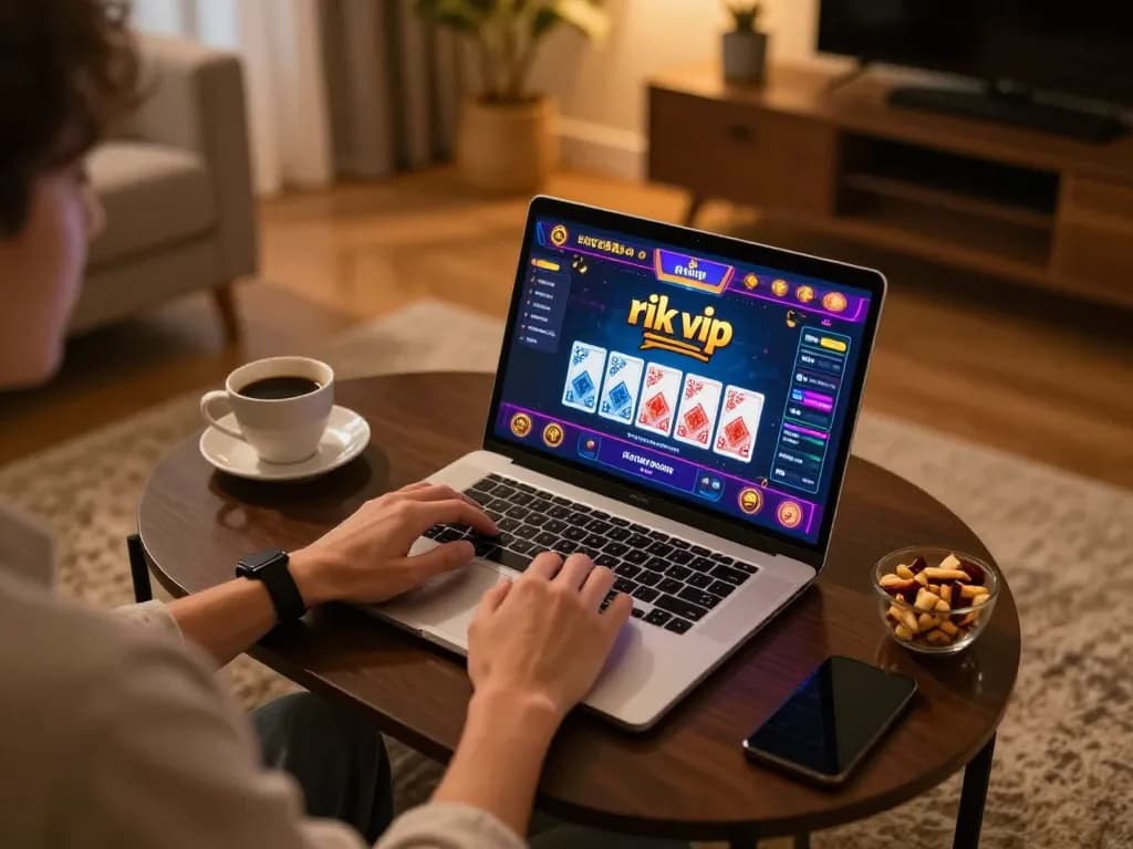 Engaging in online gameplay on rik vip with warm ambiance and cozy setting