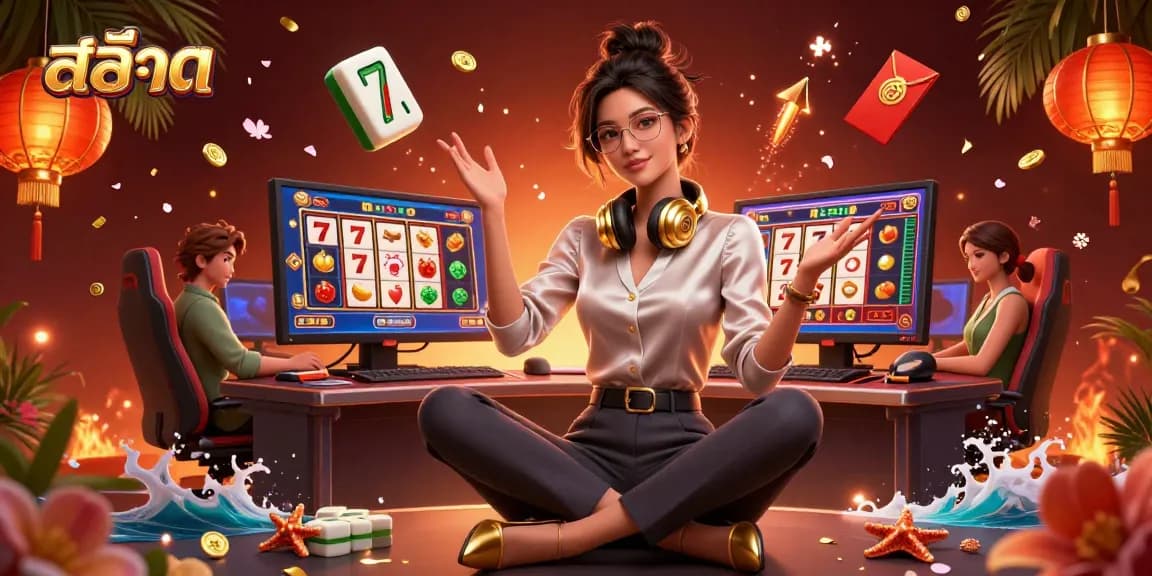 Spin thrilling สล็อต reels with an elegant Asian lady in a high-tech gaming scene