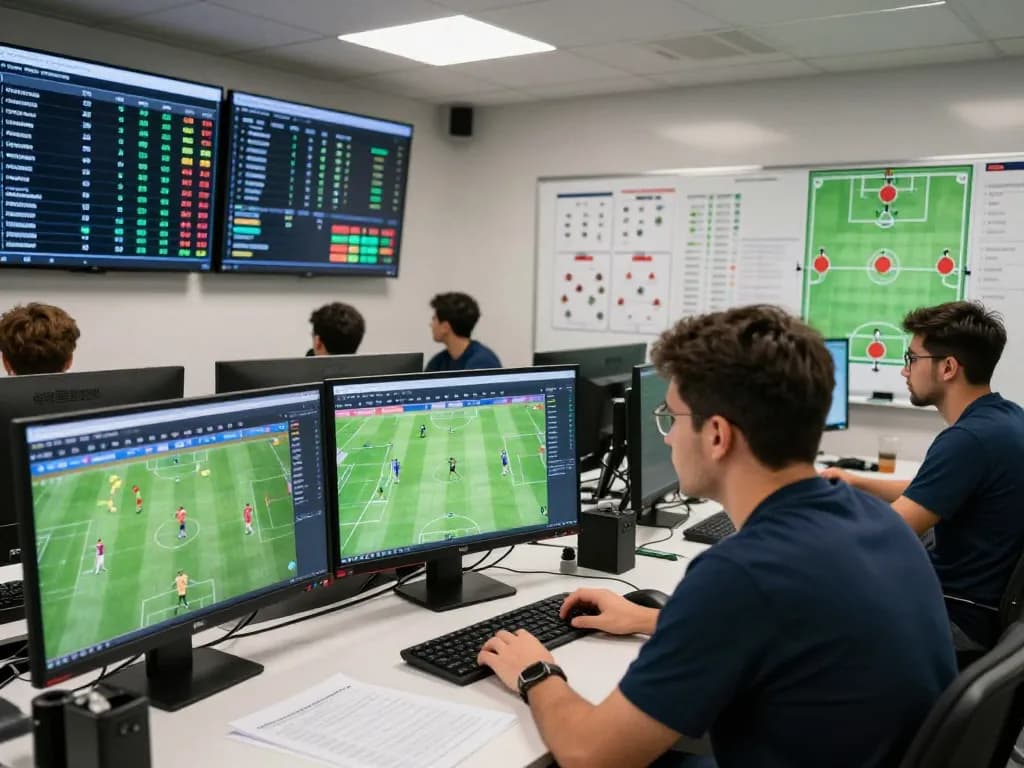 Expert soccer analysis team discussing tactical strategies and soccer picks in a dynamic data room.