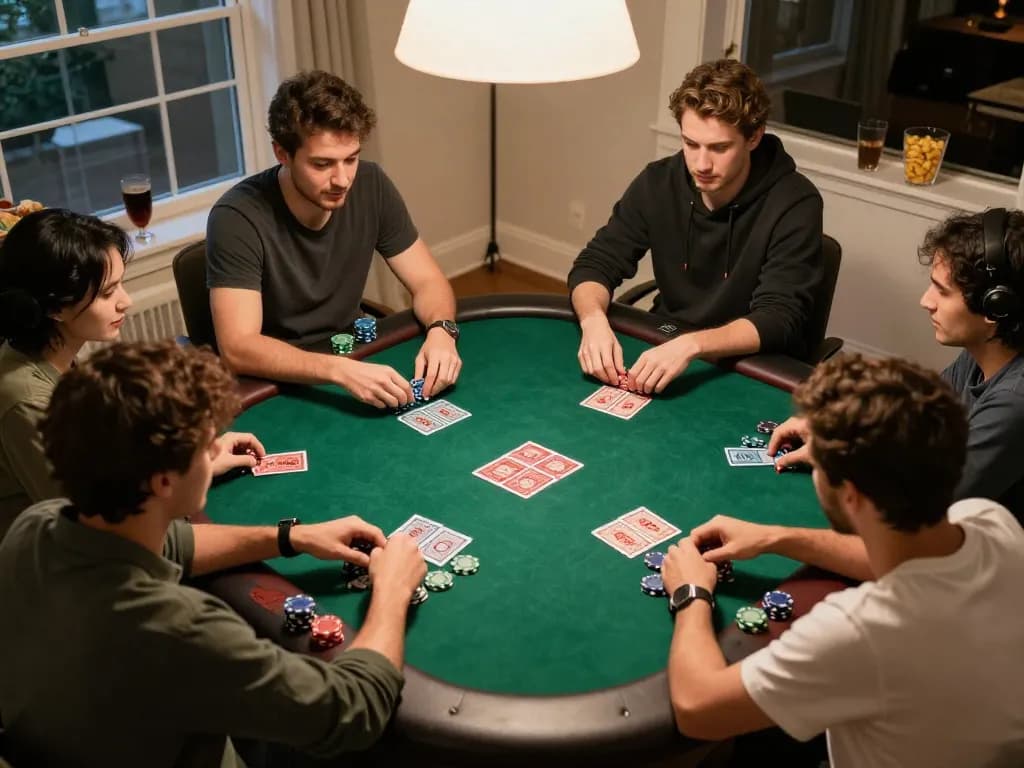 Topzo players engaging in an exciting poker game during a cozy home night, surrounded by chips and drinks.