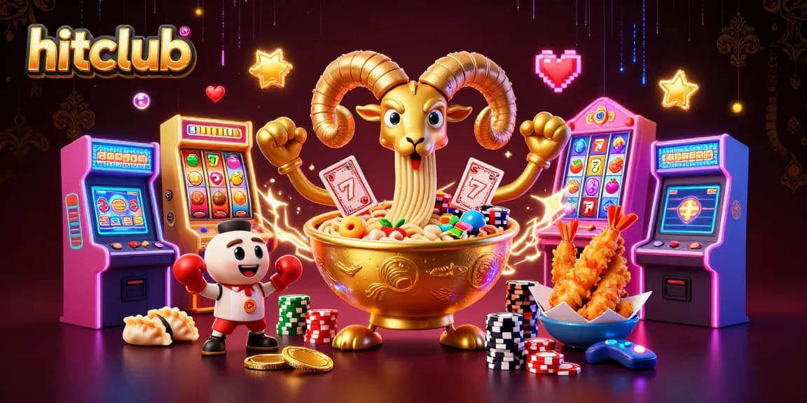 Engage with hitclub's dynamic casino scene featuring giant ramen bowl characters and vibrant slot elements.