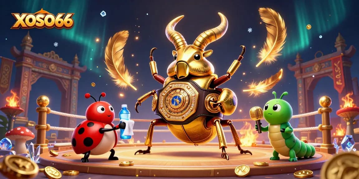 XOSO66 features a mesmerizing 3D scene of a beetle boxing match, highlighting excitement in gambling.