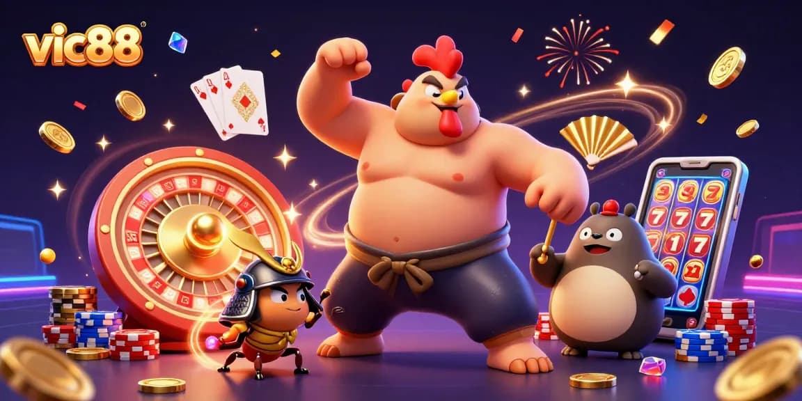 Experience thrilling gameplay at vic88 with sumo wrestler, cricket, and tanuki amidst casino excitement.