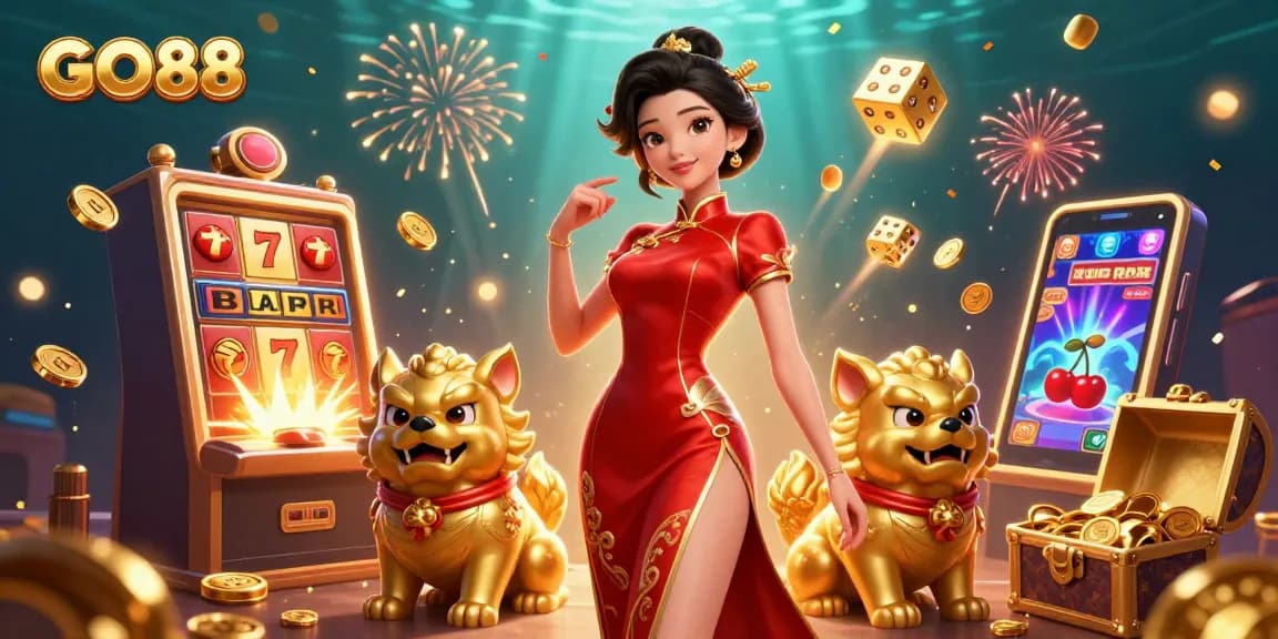 Experience GO88 with an exciting Asian casino-themed illustration bursting with games and prizes.