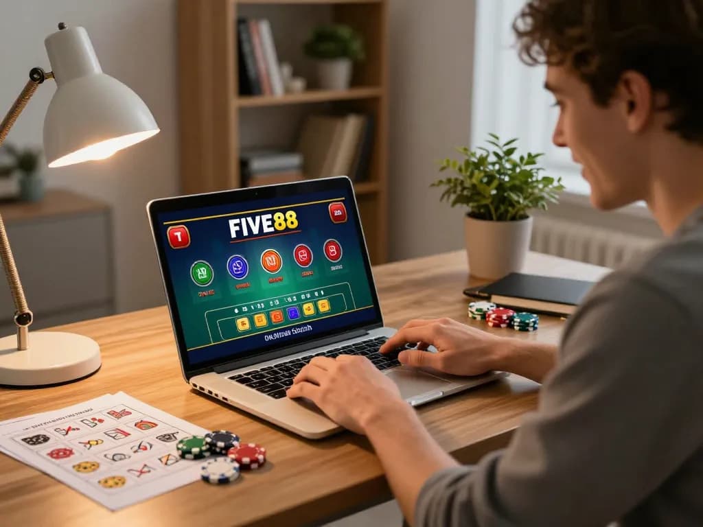 Experience the thrill of betting with FIVE88 in a cozy home setting while using a laptop for online gaming.