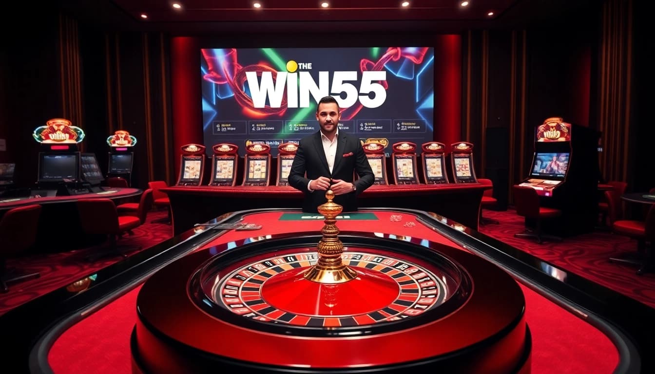 Experience the excitement of Nhà Cái Win55 with a luxurious casino table and vibrant gaming atmosphere.