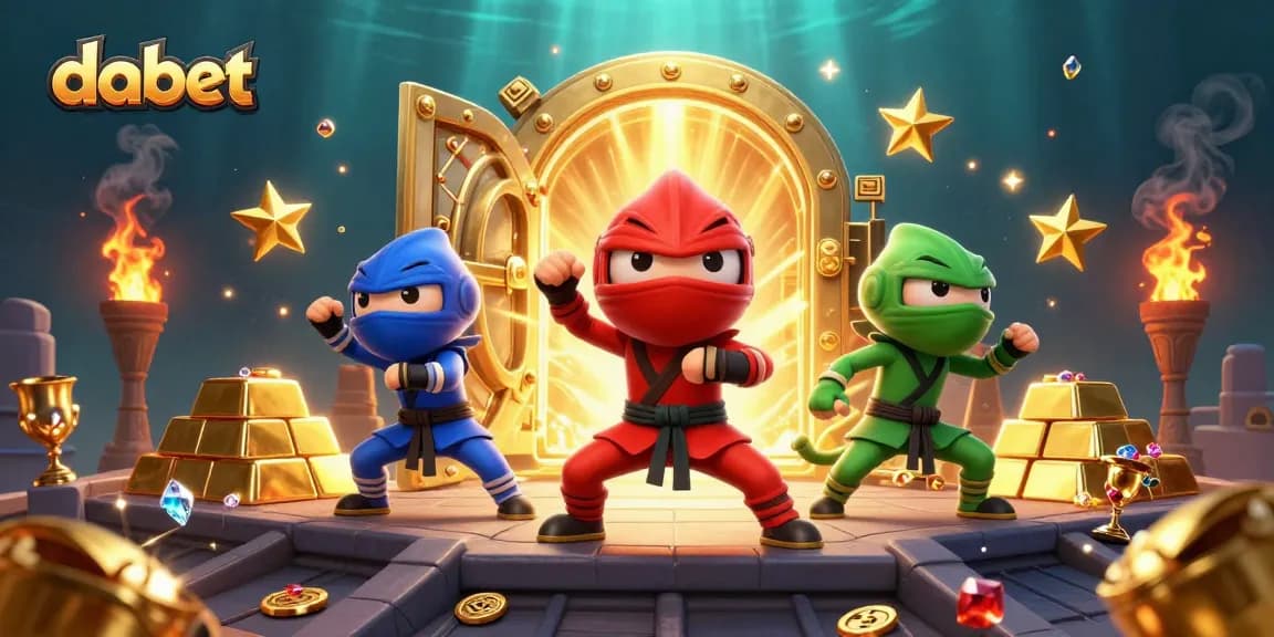 Dabet's vibrant casino scene shows ninja chameleons showcasing skills amidst rich treasures and jewels.