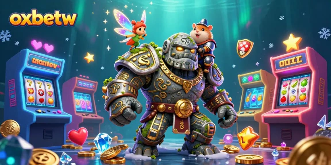 Engage with exciting casino adventures at oxbetw featuring a magical scene of a golem guardian and friends.