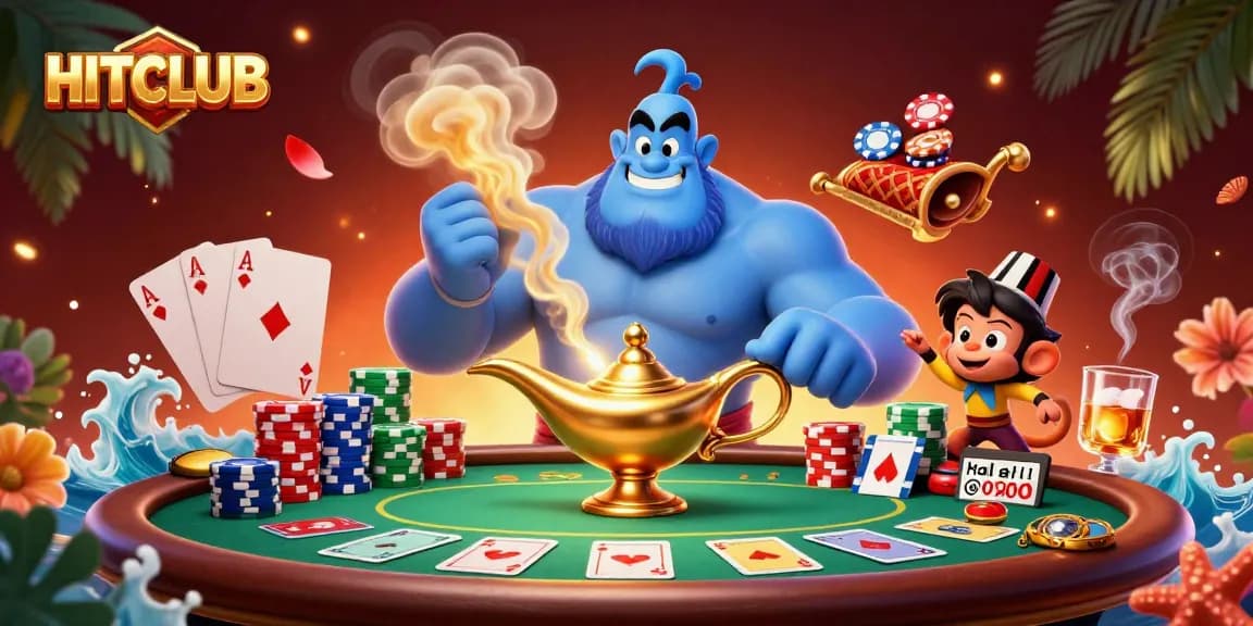 HITCLUB thrillingly features a flying genie and monkey amidst vibrant poker action.