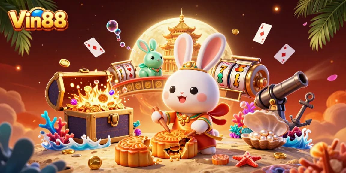 Experience thrilling slots action with Vin88 as a moon rabbit reveals gold inside mooncakes.