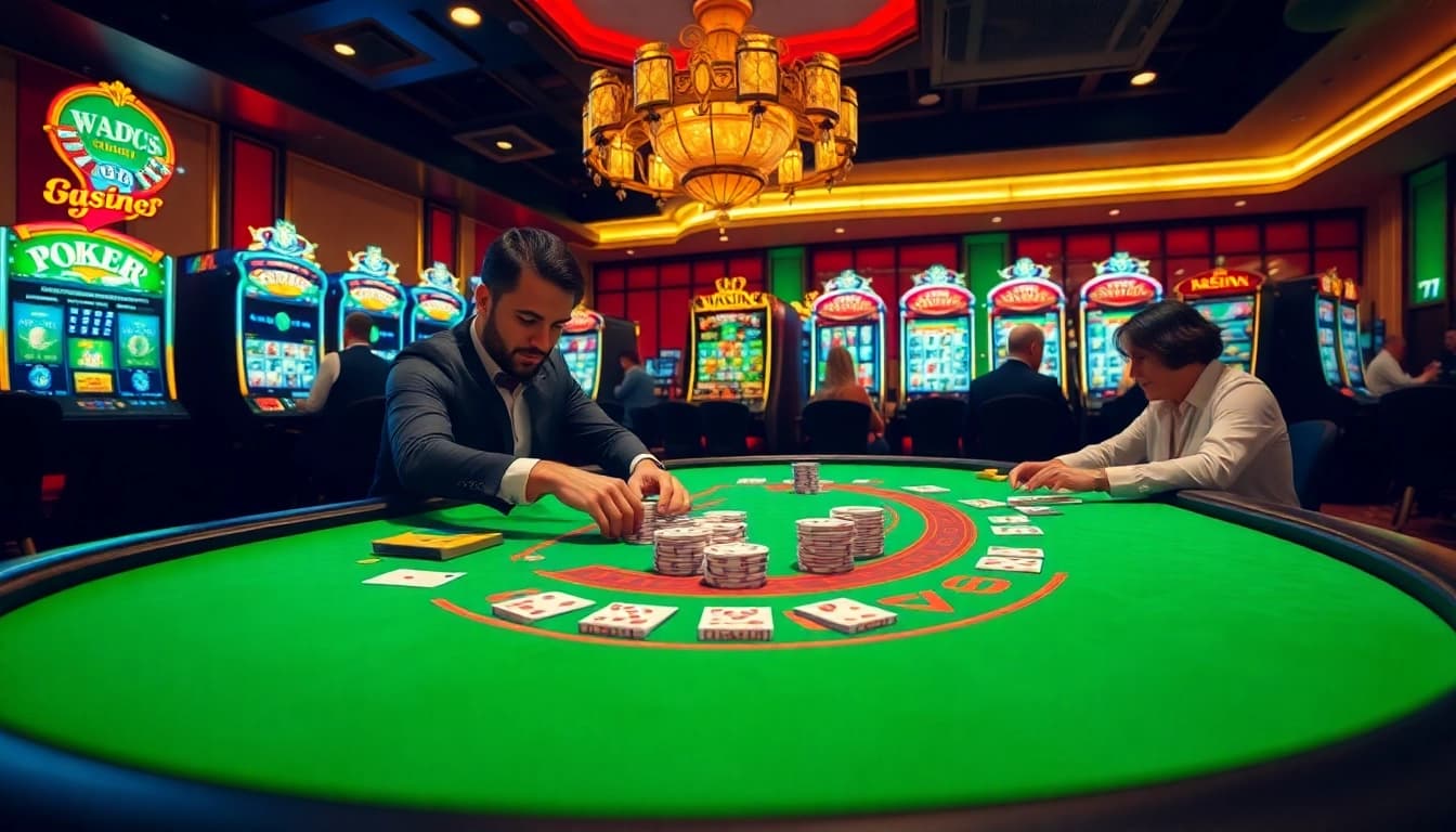 Experience the thrill of winning at 77Bet with an exciting casino scene featuring poker and slot machines.