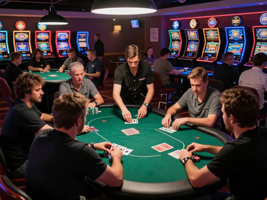 Players engaging in an intense poker tournament at a casino featuring five88, with colorful chips and cards.