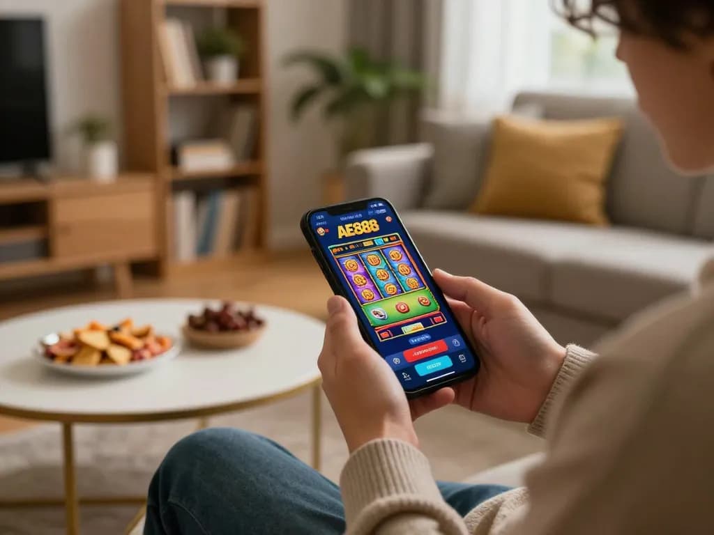 Player immersed in AE888 mobile app gaming, showcasing engaging slot action in a cozy setting.