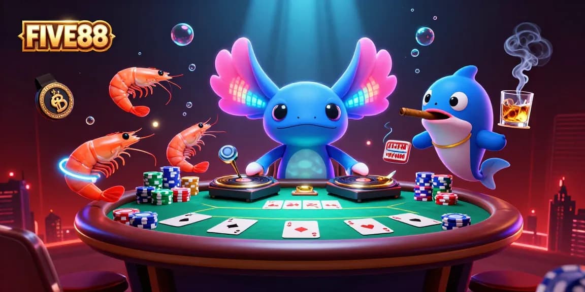 FIVE88 showcases a vibrant casino experience with playful characters and dynamic poker elements.